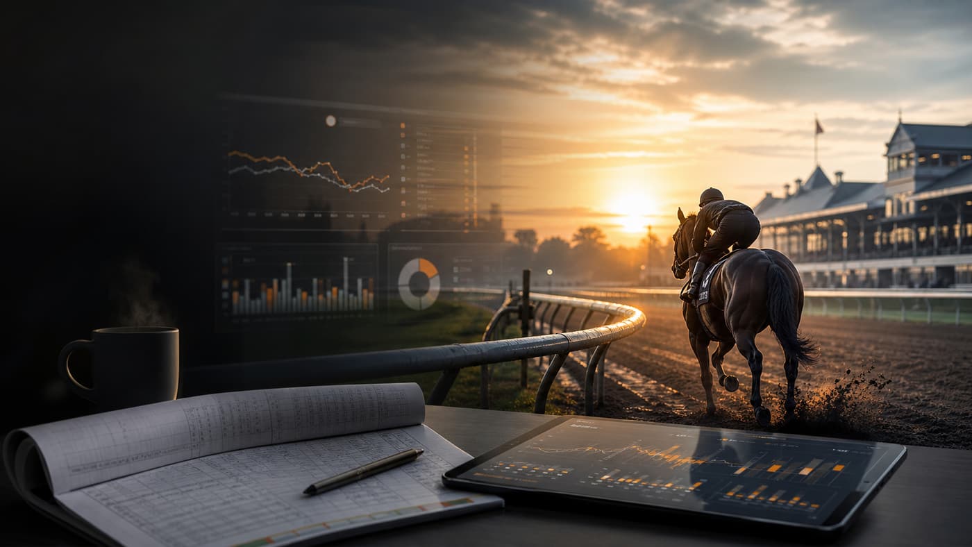 Horse racing analysis desk at sunrise